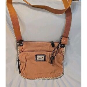 Fossil Distressed Crossbody Peach Purse Handbag Hippie Boho Faded‎ Look Wood Key